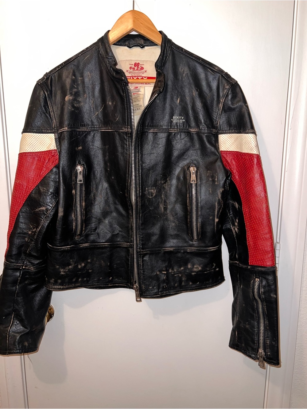 Vintage Sixty Spa Seven Black Leather Motorcycle Jacket with Red & Cream Accents